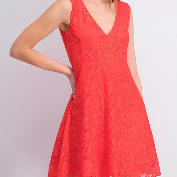 New! NWT French Connection v neck sleeveless coral lace fit & flare A line dress - Picture 3 of 8